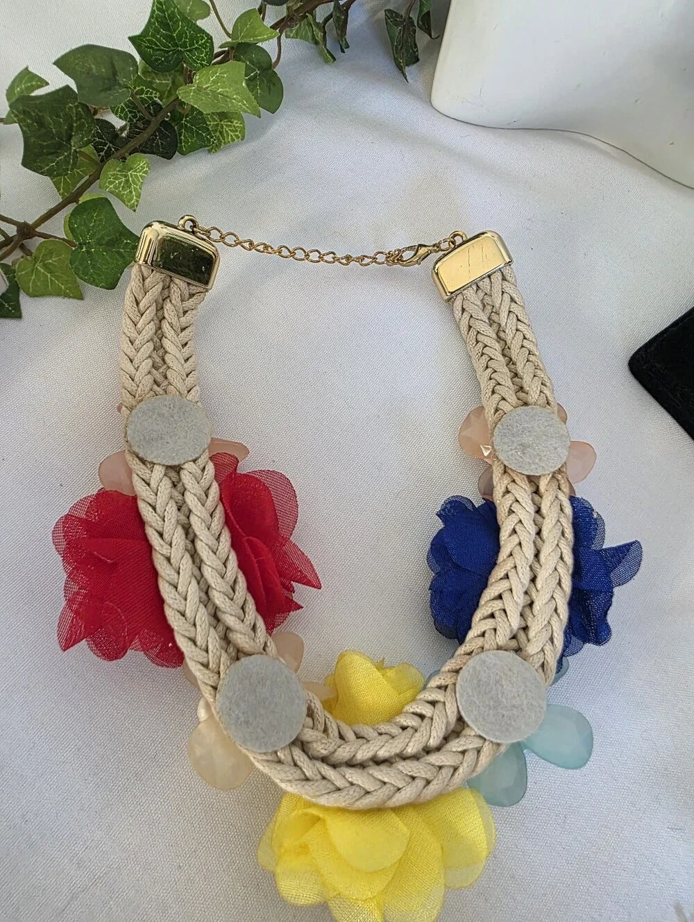 Vibrant Floral Statement Choker Necklace Set Fabric Acrylic Flowers Braided Cord